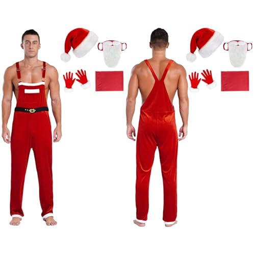 Jowowha Herren Weihnachtsmann Kostüm Santa Claus Kostüm Nikolaus Overall Jumpsuit Samt Weihnachtshose mit Mütze Bart Handschuhe Schal Rot 3XL von Jowowha