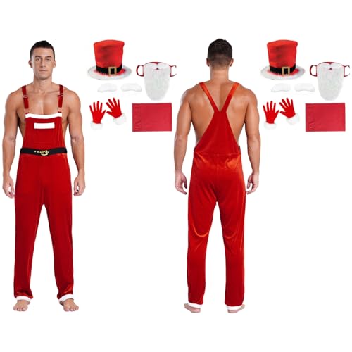 Jowowha Herren Weihnachtsmann Kostüm Santa Claus Kostüm Nikolaus Overall Jumpsuit Samt Weihnachtshose mit Mütze Bart Handschuhe Schal Rot&Weiß 3XL von Jowowha