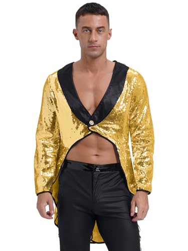 Jowowha Herren Zirkus Kostüm Pailletten Frack Jacke Blazer Glitzer Festlich Anzugjacke Show Tanzkostüm Karneval Mottoparty Gold 3XL von Jowowha