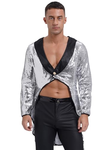 Jowowha Herren Zirkus Kostüm Pailletten Frack Jacke Blazer Glitzer Festlich Anzugjacke Show Tanzkostüm Karneval Mottoparty Silber 3XL von Jowowha