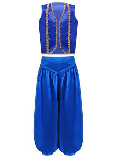 Jowowha Jungen Arabischer Prinz Kostüm Ärmellos Weste Jacke mit Aladinhose Kinder Arabische Kleidung Dieb Wunderlampe Kostüm Karneval Fasching Royal Blau 170-176 von Jowowha