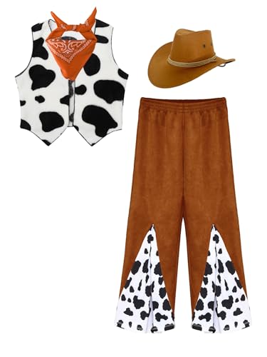 Jowowha Kinder 70er 80er Jahre Disco Kleidung Mädchen Cowgirl Kostüm Kuh Muster Fleece Weste + Schlaghose + Mütze + Bandana Show Tanzkostüm Orange 146-152 von Jowowha