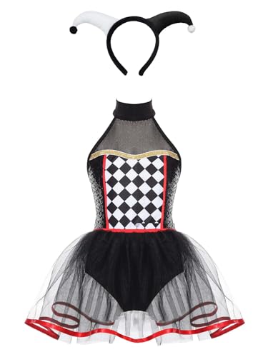 Jowowha Kinder Clown Kostüm Mädchen Zirkus Kleid mit Haarreif Clown Outfits Prinzessin Tutu Kleid Fasching Karneval Kostüm Mottoparty Schwarz Weiß 110-116 von Jowowha