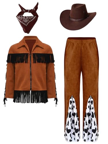 Jowowha Kinder Cowboy Kostüm Jungen Mädchen Cowboy Jacke Fransenjacke mit Kuh Muster Schlaghose Zubehör 4er Set Karneval Fasching Mottoparty Kaffee 110-116 von Jowowha