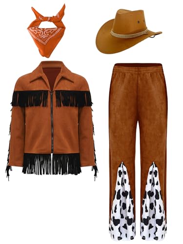 Jowowha Kinder Cowboy Kostüm Jungen Mädchen Cowboy Jacke Fransenjacke mit Kuh Muster Schlaghose Zubehör 4er Set Karneval Fasching Mottoparty Orange 146-152 von Jowowha