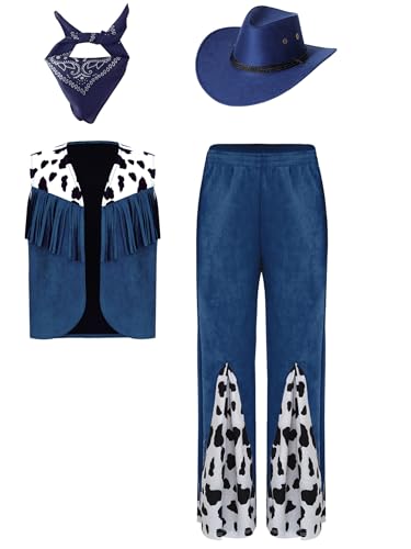 Jowowha Kinder Cowboy Kostüm Kuh Muster Cowboy Weste + Hose + Cowboyhut + Bandana Vintage Cowboy Kleidung Halloween Karneval Fasching Mottoparty Blau 170-176 von Jowowha