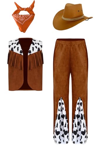 Jowowha Kinder Cowboy Kostüm Kuh Muster Cowboy Weste + Hose + Cowboyhut + Bandana Vintage Cowboy Kleidung Halloween Karneval Fasching Mottoparty Orange 134-140 von Jowowha