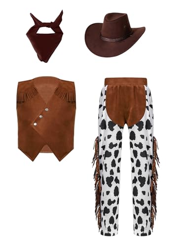 Jowowha Kinder Cowboy Kostüm Set Kuh Muster Cowboy Kleidung Jungen Cowboy Weste + Hose + Cowboyhut + Bandana Karneval Fasching Mottoparty Kaffee 146-152 von Jowowha