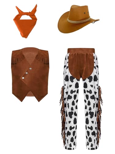 Jowowha Kinder Cowboy Kostüm Set Kuh Muster Cowboy Kleidung Jungen Cowboy Weste + Hose + Cowboyhut + Bandana Karneval Fasching Mottoparty Orange 146-152 von Jowowha