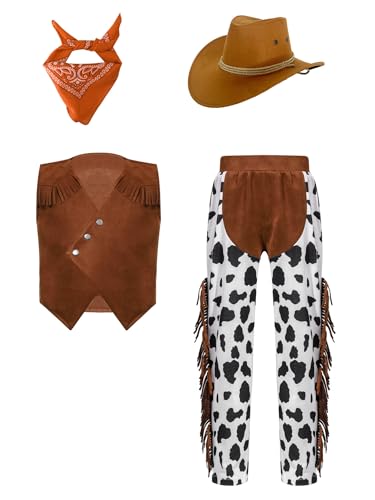 Jowowha Kinder Cowboy Kostüm Set Kuh Muster Cowboy Kleidung Jungen Cowboy Weste + Hose + Cowboyhut + Bandana Karneval Fasching Mottoparty Orange 158-164 von Jowowha