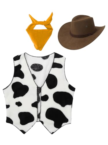 Jowowha Kinder Cowboy Kostüm Set Kuh Muster Cowboy Weste + Cowboyhut + Bandana Jungen Cowboy Kleidung Karneval Fasching Party Outfits Gelb 122-128 von Jowowha