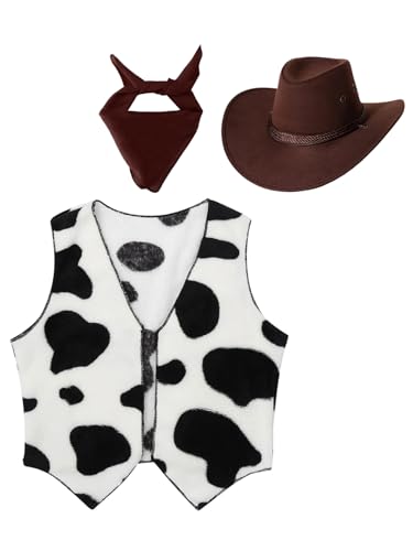 Jowowha Kinder Cowboy Kostüm Set Kuh Muster Cowboy Weste + Cowboyhut + Bandana Jungen Cowboy Kleidung Karneval Fasching Party Outfits Kaffee 92-98 von Jowowha