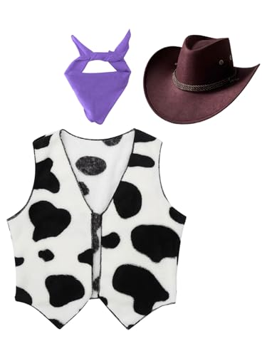 Jowowha Kinder Cowboy Kostüm Set Kuh Muster Cowboy Weste + Cowboyhut + Bandana Jungen Cowboy Kleidung Karneval Fasching Party Outfits Lila 122-128 von Jowowha