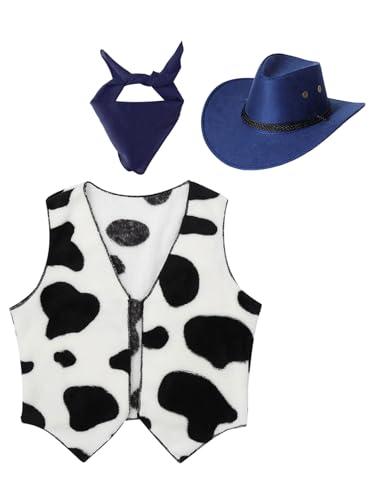 Jowowha Kinder Cowboy Kostüm Set Kuh Muster Cowboy Weste + Cowboyhut + Bandana Jungen Cowboy Kleidung Karneval Fasching Party Outfits Marine Blau 110-116 von Jowowha