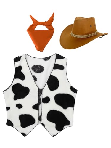 Jowowha Kinder Cowboy Kostüm Set Kuh Muster Cowboy Weste + Cowboyhut + Bandana Jungen Cowboy Kleidung Karneval Fasching Party Outfits Orange 104-110 von Jowowha