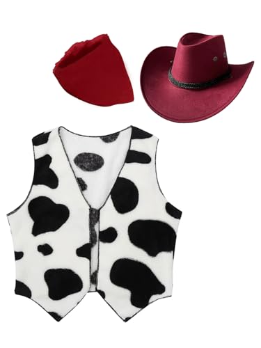 Jowowha Kinder Cowboy Kostüm Set Kuh Muster Cowboy Weste + Cowboyhut + Bandana Jungen Cowboy Kleidung Karneval Fasching Party Outfits Weinrot 134-140 von Jowowha