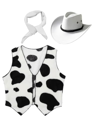 Jowowha Kinder Cowboy Kostüm Set Kuh Muster Cowboy Weste + Cowboyhut + Bandana Jungen Cowboy Kleidung Karneval Fasching Party Outfits Weiß 104-110 Jowowha Kinder Cowboy Kostüm Set Kuh Muster Cowboy Weste + Cowboyhut + Bandana Jungen Cowboy Kleidung Karneval Fasching Party Outfits Weiß 104-110 von Jowowha