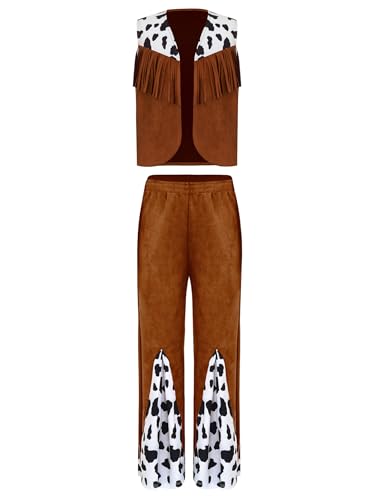 Jowowha Kinder Cowboy Kostüm Set Kuh Muster Fransenjacke mit Schlaghose Jungen Mädchen Cowboy Anzug Halloween Karneval Fasching Mottoparty Braun 170-176 von Jowowha