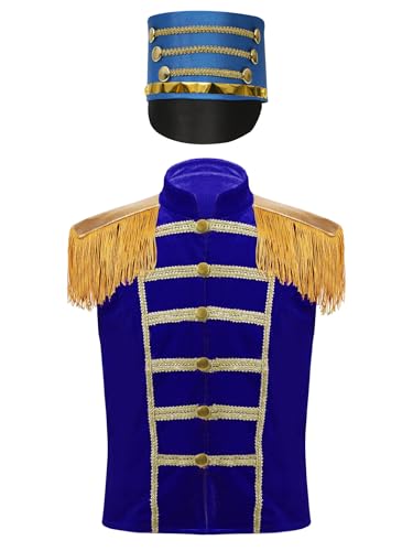 Jowowha Kinder Jungen Mädchen Zirkus Jacke Samt Weste + Hut Zirkusdirektor Uniform Cosplay Weihnachten Karneval Fasching Party Outfits Stil C Royal Blau 146-152 von Jowowha