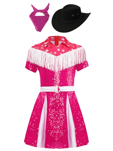 Jowowha Kinder Mädchen Cowgirl Kleid Glitzer Pailletten Kleid mit Hut Bandana Western Cowboy Cowgirl Kostüm 70er 80er Disco Tanzkostüm Dunkel Rosa 110-116 von Jowowha