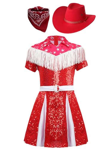 Jowowha Kinder Mädchen Cowgirl Kleid Glitzer Pailletten Kleid mit Hut Bandana Western Cowboy Cowgirl Kostüm 70er 80er Disco Tanzkostüm Rot 146-152 von Jowowha