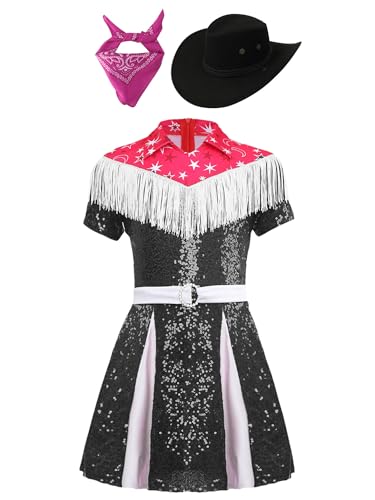 Jowowha Kinder Mädchen Cowgirl Kleid Glitzer Pailletten Kleid mit Hut Bandana Western Cowboy Cowgirl Kostüm 70er 80er Disco Tanzkostüm Schwarz 110-116 von Jowowha