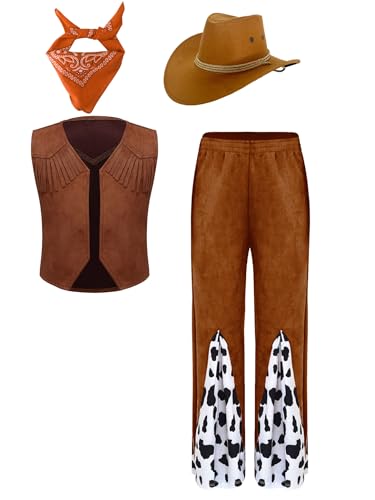 Jowowha Kinder Mädchen Cowgirl Kostüm 70er 80er Jahre Western Cowboy Kleidung Weste + Schlaghose + Mütze + Bandana Disco Tanzkostüm Orange 134-140 von Jowowha