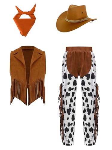 Jowowha Kinder Mädchen Cowgirl Kostüm Cowboy Kleidung Fransen Weste + Hose + Cowboyhut + Bandana Halloween Karneval Fasching Mottoparty Orange 158-164 von Jowowha