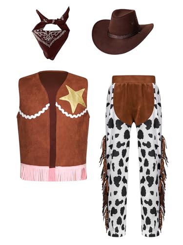 Jowowha Kinder Mädchen Cowgirl Kostüm Wild Western Cowboy Kleidung Cowboy Weste + Hose + Cowboyhut + Bandana Halloween Karneval Fasching Mottoparty Kaffee 146-152 von Jowowha