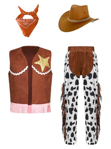 Jowowha Kinder Mädchen Cowgirl Kostüm Wild Western Cowboy Kleidung Cowboy Weste + Hose + Cowboyhut + Bandana Halloween Karneval Fasching Mottoparty Orange 158-164 von Jowowha