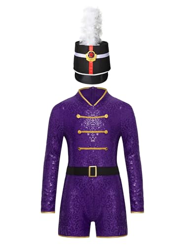 Jowowha Kinder Mädchen Zirkus Kostüm Zirkusdirektor Uniform Pailletten Body Overall mit Mütze Glitzer Turnanzug Cosplay Show Tanzkostüm Lila 110-116 von Jowowha