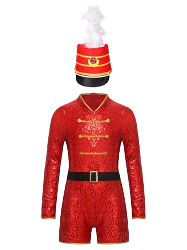 Jowowha Kinder Mädchen Zirkus Kostüm Zirkusdirektor Uniform Pailletten Body Overall mit Mütze Glitzer Turnanzug Cosplay Show Tanzkostüm Rot 122-128 von Jowowha