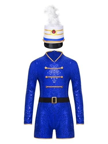 Jowowha Kinder Mädchen Zirkus Kostüm Zirkusdirektor Uniform Pailletten Body Overall mit Mütze Glitzer Turnanzug Cosplay Show Tanzkostüm Royal Blau 110-116 von Jowowha