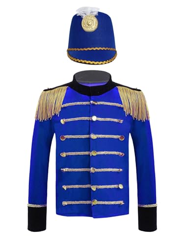 Jowowha Kinder Zirkus Kostüm Langarm Blazer mit Hut Gothic Jacke Mantel Zirkusdirektor Uniform Karneval Fasching Kostüm Für Jungen Mädchen Royal Blau 146-152 von Jowowha