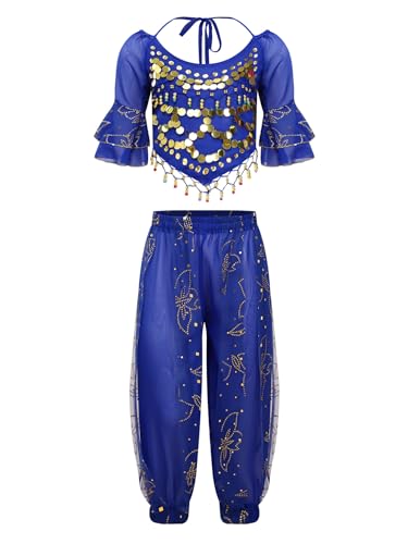 Jowowha Mädchen Bauchtanz Kostüm Pailletten Crop Tops mit Hose Indische Bauchtänzerin Kostüm Halloween Karneval Fasching Party Tanzkleidung Blau 116-128 von Jowowha