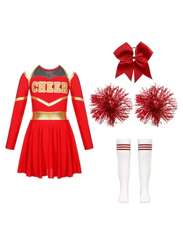 Jowowha Mädchen Cheer Leader Cheerleading Kostüm 4tlg.Langarm Crop Tops mit Rock Pompoms Socken Halloween Karneval Fasching Tanzkleidung Rot 134-140 von Jowowha