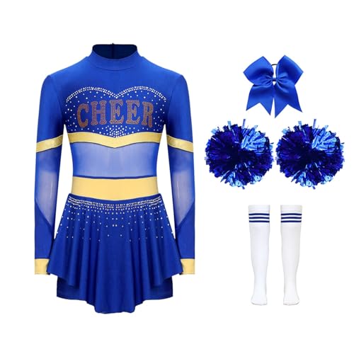 Jowowha Mädchen Cheer Leader Cheerleading Kostüm 4tlg.Langarm Kleid mit Pompoms Socken Haarband Halloween Karneval Fasching Partykleid A Blau&Weiß 134-140 von Jowowha