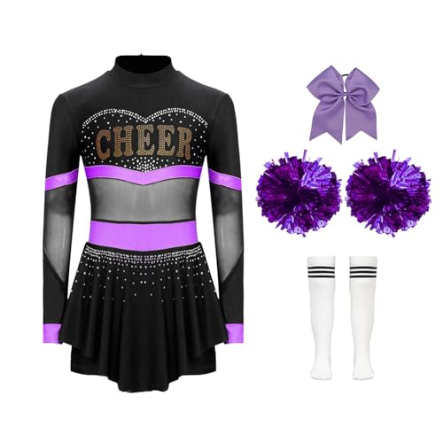 Jowowha Mädchen Cheer Leader Cheerleading Kostüm 4tlg.Langarm Kleid mit Pompoms Socken Haarband Halloween Karneval Fasching Partykleid A Lila&Weiß 146-152 von Jowowha