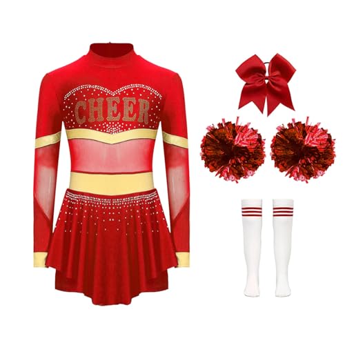 Jowowha Mädchen Cheer Leader Cheerleading Kostüm 4tlg.Langarm Kleid mit Pompoms Socken Haarband Halloween Karneval Fasching Partykleid A Rot&Weiß 134-140 von Jowowha