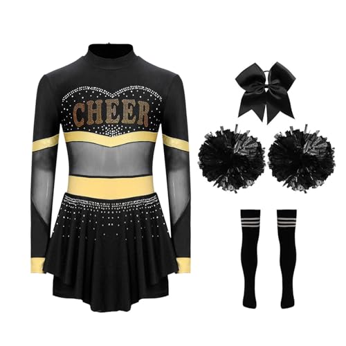 Jowowha Mädchen Cheer Leader Cheerleading Kostüm 4tlg.Langarm Kleid mit Pompoms Socken Haarband Halloween Karneval Fasching Partykleid A Schwarz&Schwarz 134-140 von Jowowha