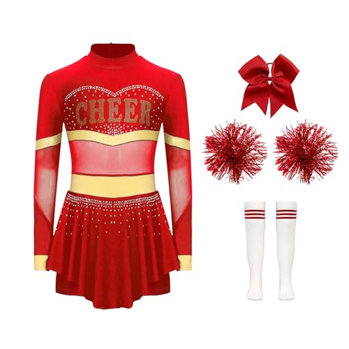 Jowowha Mädchen Cheer Leader Cheerleading Kostüm 4tlg.Langarm Kleid mit Pompoms Socken Haarband Halloween Karneval Fasching Partykleid B Rot&Weiß 134-140 von Jowowha