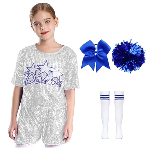 Jowowha Mädchen Cheer Leader Cheerleading Kostüm 5tlg.Pailletten Kurzarm T-Shirt mit Shorts Pompoms Socken Haarband Halloween Karneval Fasching Kostüm Silber 128-134 von Jowowha