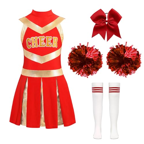 Jowowha Mädchen Cheer Leader Cheerleading Kostüm Ärmellos Kleid mit Pompoms Socken Schulmädchen Uniform Halloween Karneval Fasching Kostüm Rot 146-152 von Jowowha