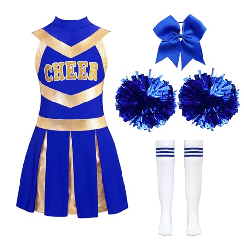 Jowowha Mädchen Cheer Leader Cheerleading Kostüm Ärmellos Kleid mit Pompoms Socken Schulmädchen Uniform Halloween Karneval Fasching Kostüm Royal Blau 158-164 von Jowowha