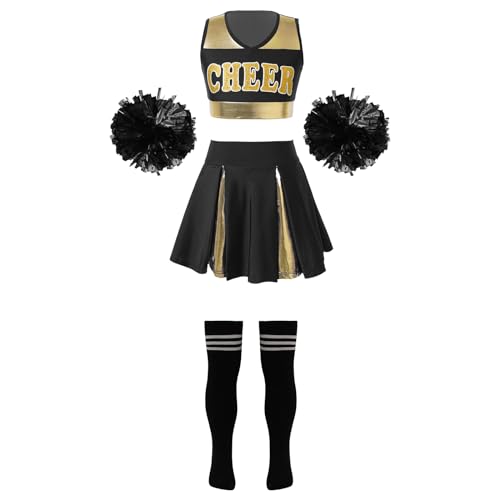 Jowowha Mädchen Cheer Leader Cheerleading Kostüm Cheer Crop Tops mit Rock Pompons Socken Halloween Karneval Fasching Party Outfits G Schwarz&Weiß B 122-128 von Jowowha