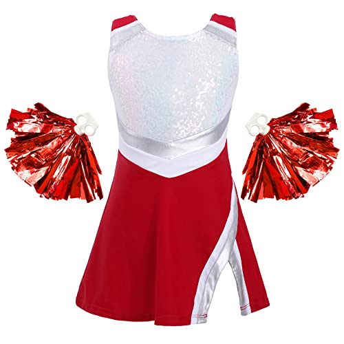 Jowowha Mädchen Cheer Leader Cheerleading Kostüm Glitzer Kleid mit Pompoms Schulmädchen Uniform Halloween Karneval Performance Tanzkostüm Rot 110-116 von Jowowha