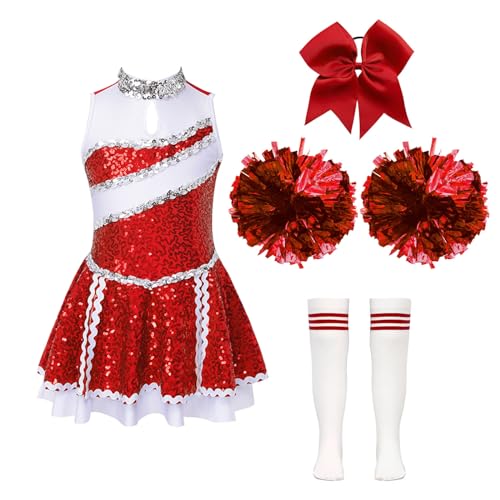 Jowowha Mädchen Cheer Leader Cheerleading Kostüm Glitzer Kleid mit Zubehör Cheer Tanzkleid Halloween Kostüm Karneval Fasching Party Outfits Rot 110-116 von Jowowha