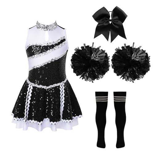 Jowowha Mädchen Cheer Leader Cheerleading Kostüm Glitzer Kleid mit Zubehör Cheer Tanzkleid Halloween Kostüm Karneval Fasching Party Outfits Schwarz&Weiß 122-128 von Jowowha