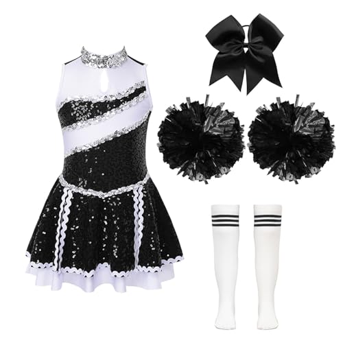 Jowowha Mädchen Cheer Leader Cheerleading Kostüm Glitzer Kleid mit Zubehör Cheer Tanzkleid Halloween Kostüm Karneval Fasching Party Outfits Weiß&Schwarz 158-164 von Jowowha