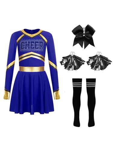 Jowowha Mädchen Cheer Leader Cheerleading Kostüm Langarm Cheer Kleid mit Pompoms Socken Haarband Halloween Karneval Fasching Tanzkleid Blau 134-140 von Jowowha